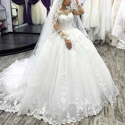 A-line Wedding Dresses Lace Applique Long Sleeves Bride Ball Gown