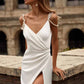 A Line V-Neck Satin Wedding Dress Pearl Spaghetti Straps Slit Bridal Dress