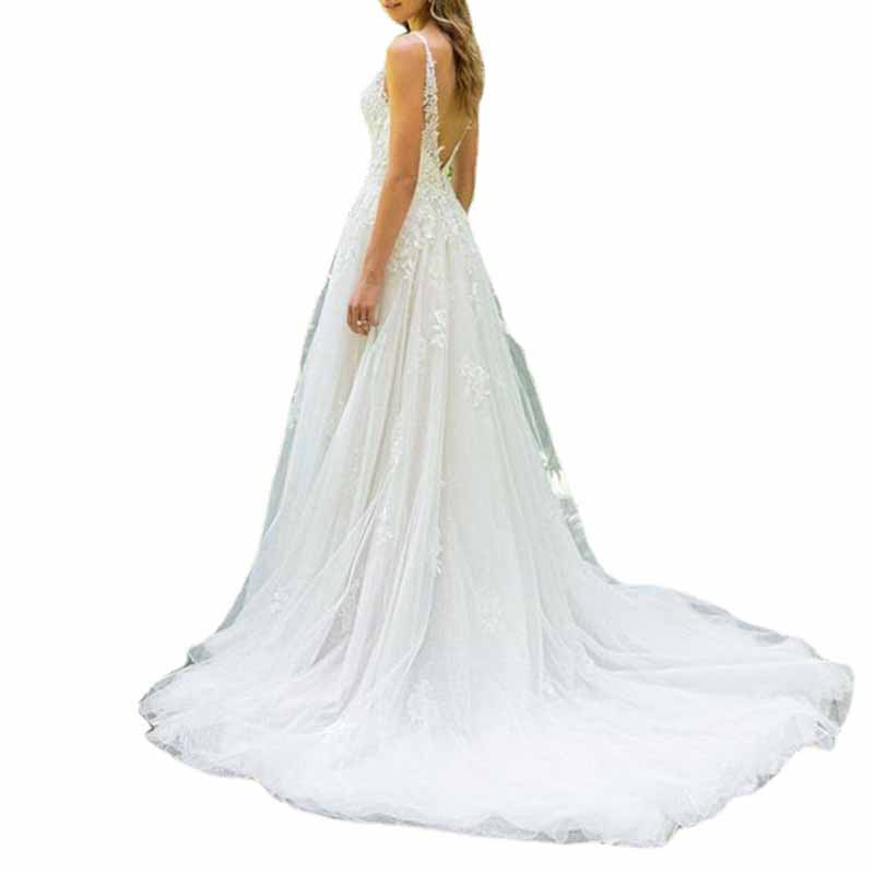 Applique V Neck Bridal Gown Sleeveless Wedding Dress