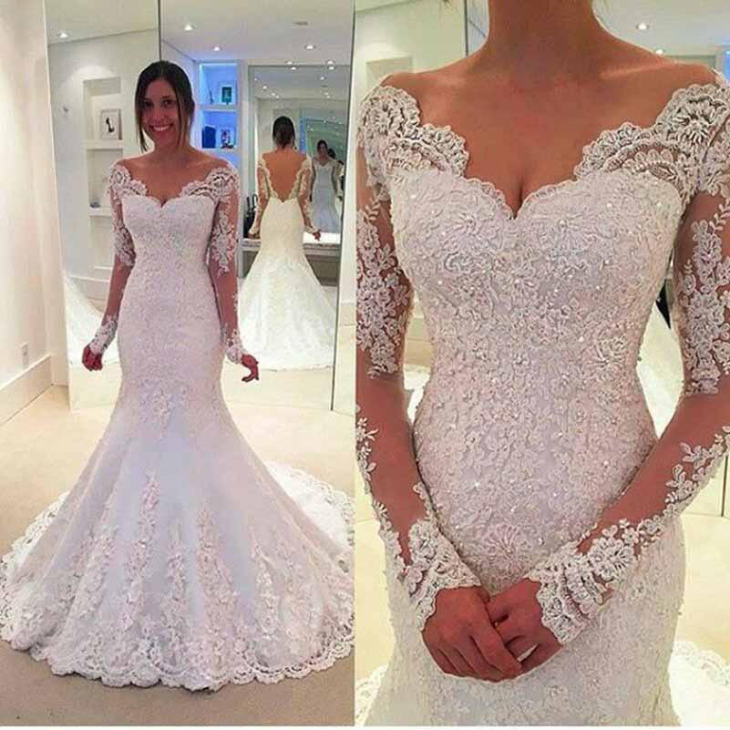 Appliques Lace Bride Gown Long Sleeves Mermaid Wedding Dress Backless