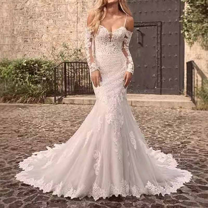 Appliques Lace Bride Gown Long Sleeves Off Shoulder Mermaid Wedding Dress