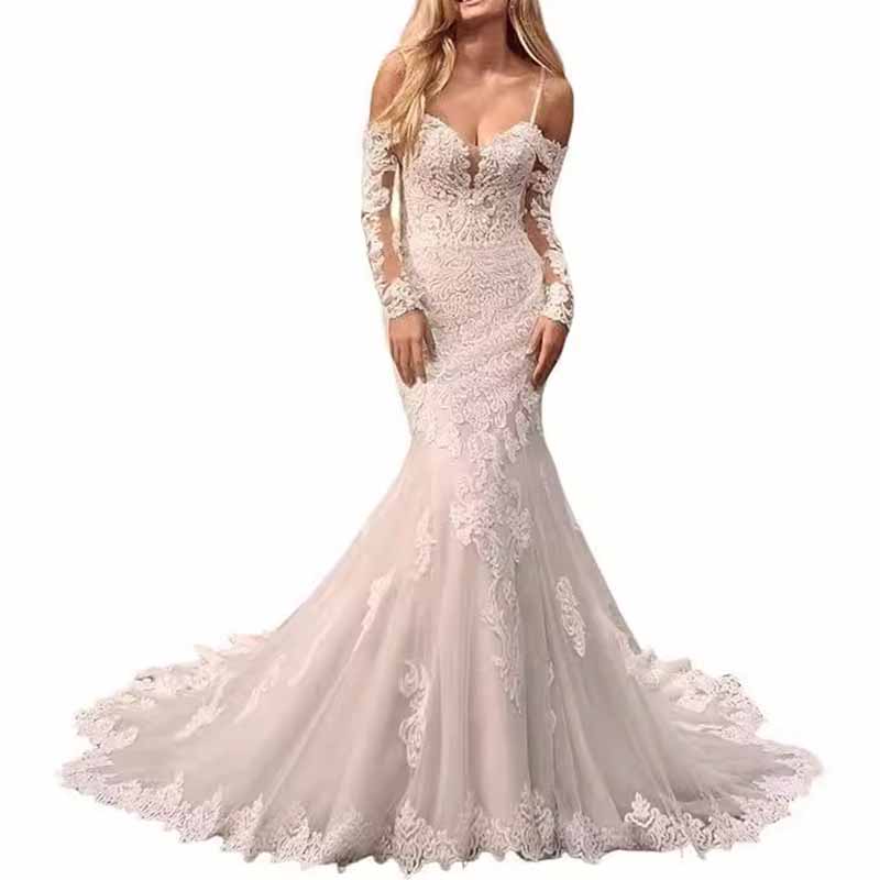 Appliques Lace Bride Gown Long Sleeves Off Shoulder Mermaid Wedding Dress