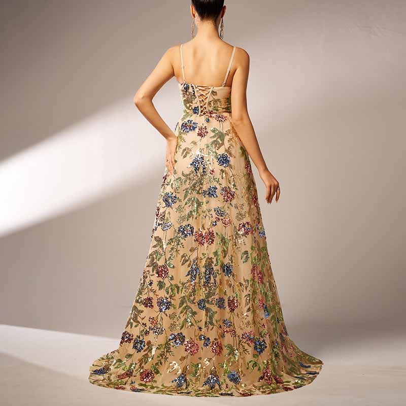 Apricot Sequin Floral A-Line Spaghetti Strap Prom Dress Event Dress