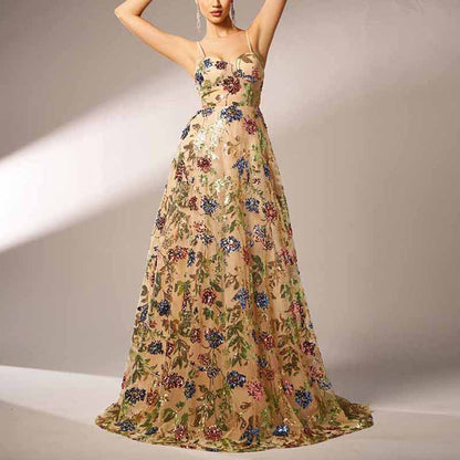 Apricot Sequin Floral A-Line Spaghetti Strap Prom Dress Event Dress