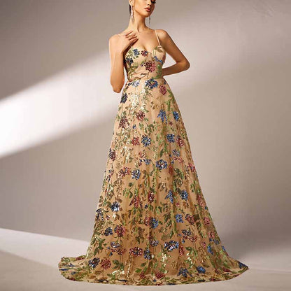 Apricot Sequin Floral A-Line Spaghetti Strap Prom Dress Event Dress