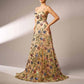 Apricot Sequin Floral A-Line Spaghetti Strap Prom Dress Event Dress