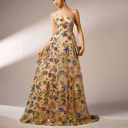 Apricot Sequin Floral A-Line Spaghetti Strap Prom Dress Event Dress