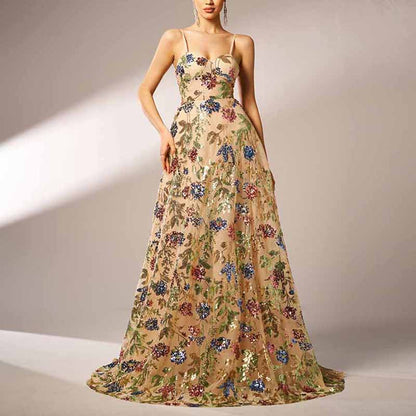 Apricot Sequin Floral A-Line Spaghetti Strap Prom Dress Event Dress