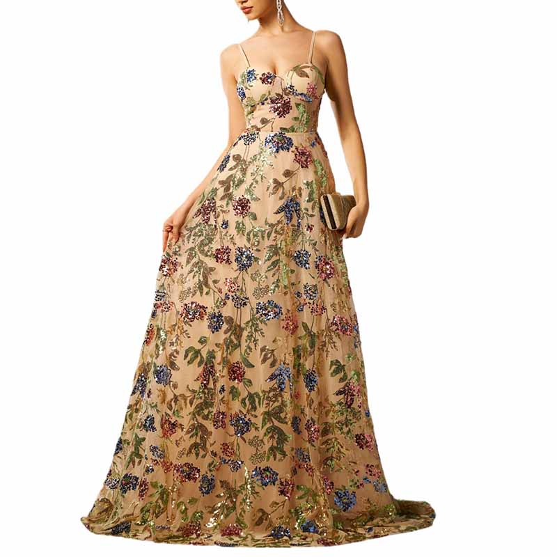 Apricot Sequin Floral A-Line Spaghetti Strap Prom Dress Event Dress