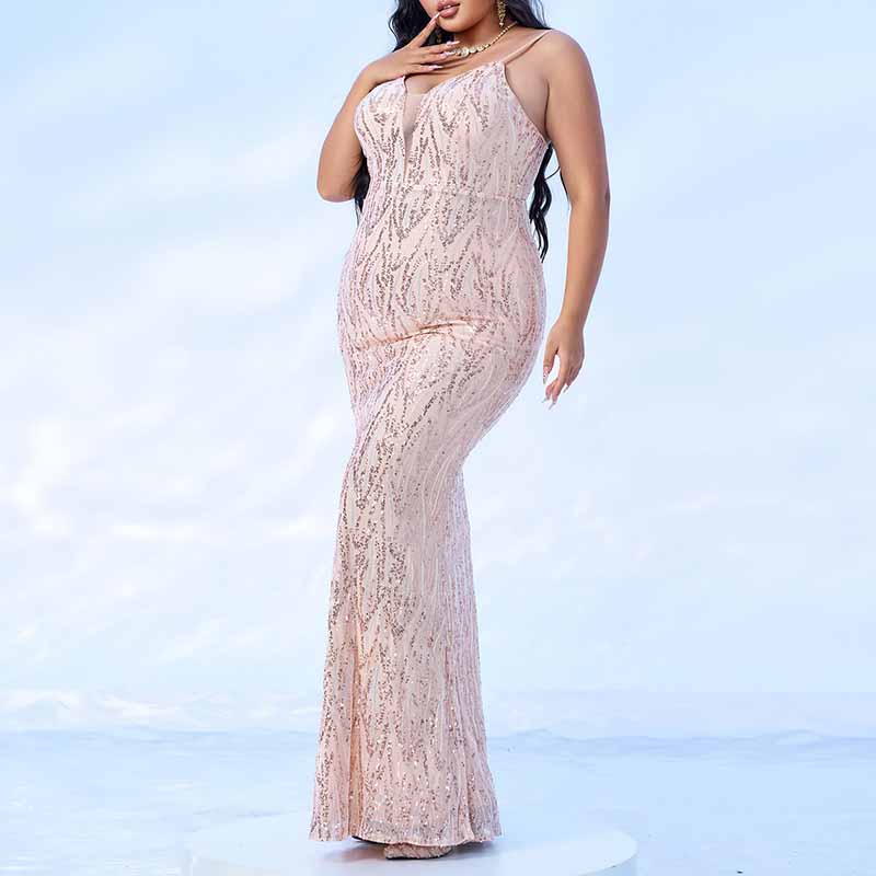 Gold Sequin Spaghetti Strap Prom Dress Plus Size Wedding Gown