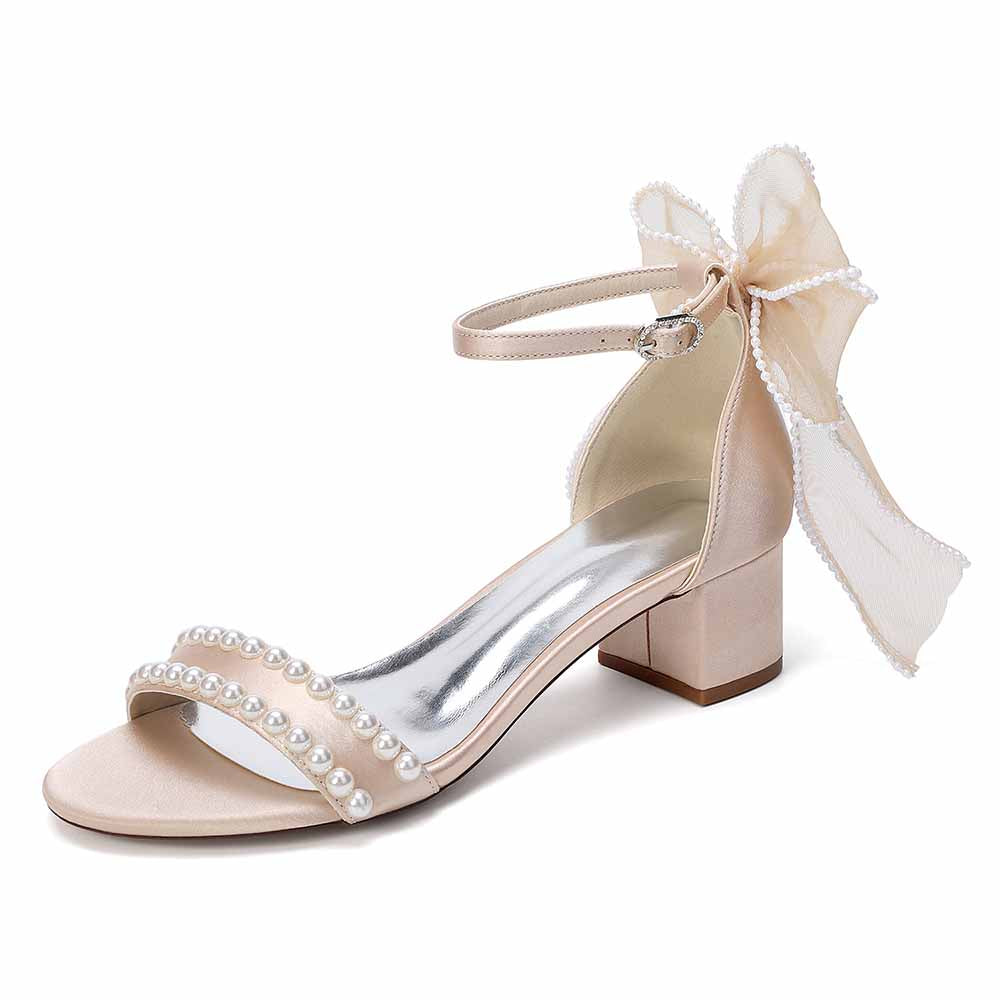 Women's Pearl Bridal Sandals with Bowknot, Block Heel Ankle Strap Wedding Shoes