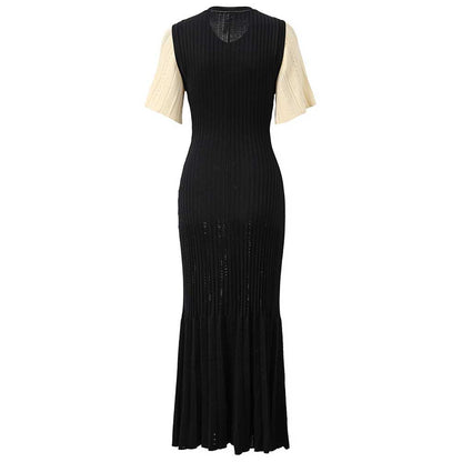 Knitted Black Long Cardigan Dress Short Sleeved Mixi Dress