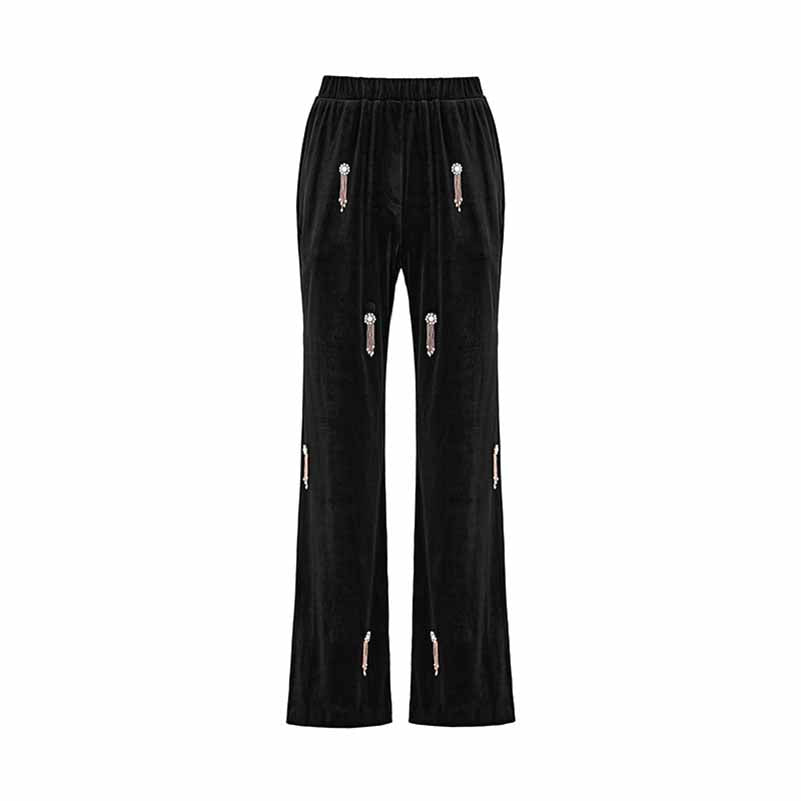 Women's Autumn/Winter Black Pantsuit Mid length Velvet Suit With Belted Elastic Waist Wide Leg Trouser Set Fashion Two Piece Set