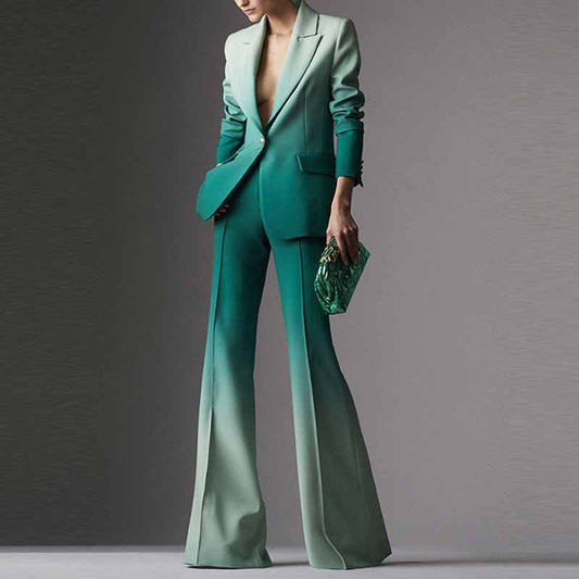 Women Luxury Green Gradient Ombre Blazer + Mid-High Rise Flare Trousers Suit Pants Suit