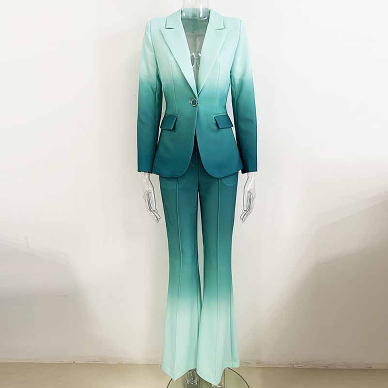 Women Luxury Green Gradient Ombre Blazer + Mid-High Rise Flare Trousers Suit Pants Suit