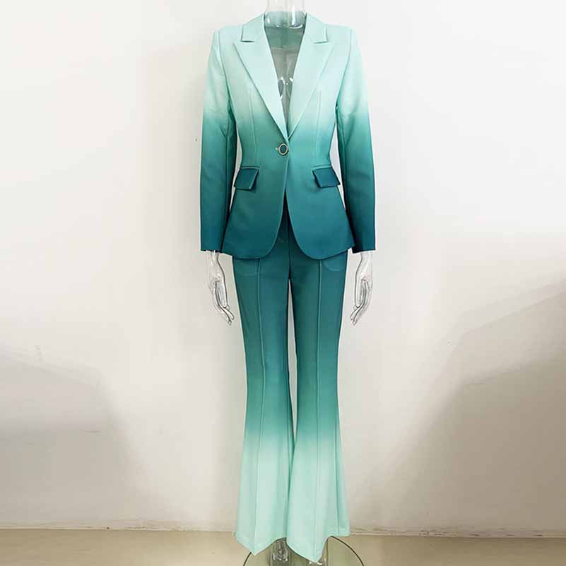 Women Luxury Green Gradient Ombre Blazer + Mid-High Rise Flare Trouser ...