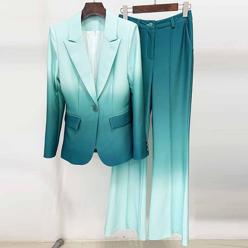 Women Luxury Gradient Ombre Blazer + Mid-High Rise Flare Trousers Suit Pants Suit
