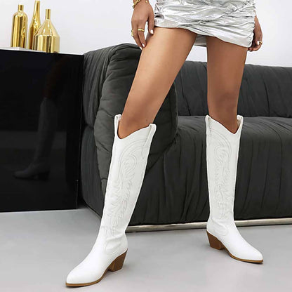 Womens PU Leather Pointed Toe Embroidery Decor Knee High Boots