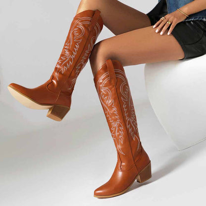 Womens PU Leather Pointed Toe Embroidery Decor Knee High Boots