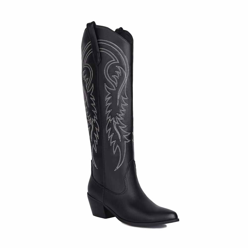 Womens PU Leather Pointed Toe Embroidery Decor Knee High Boots