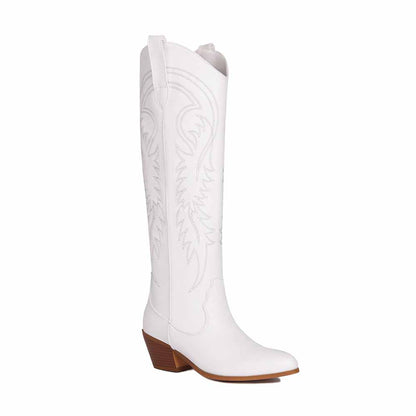 Womens PU Leather Pointed Toe Embroidery Decor Knee High Boots