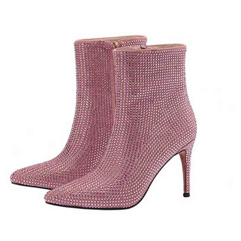 Pointed Toe Stiletto Heels Rhinestone Side Zipper Ankle Boots