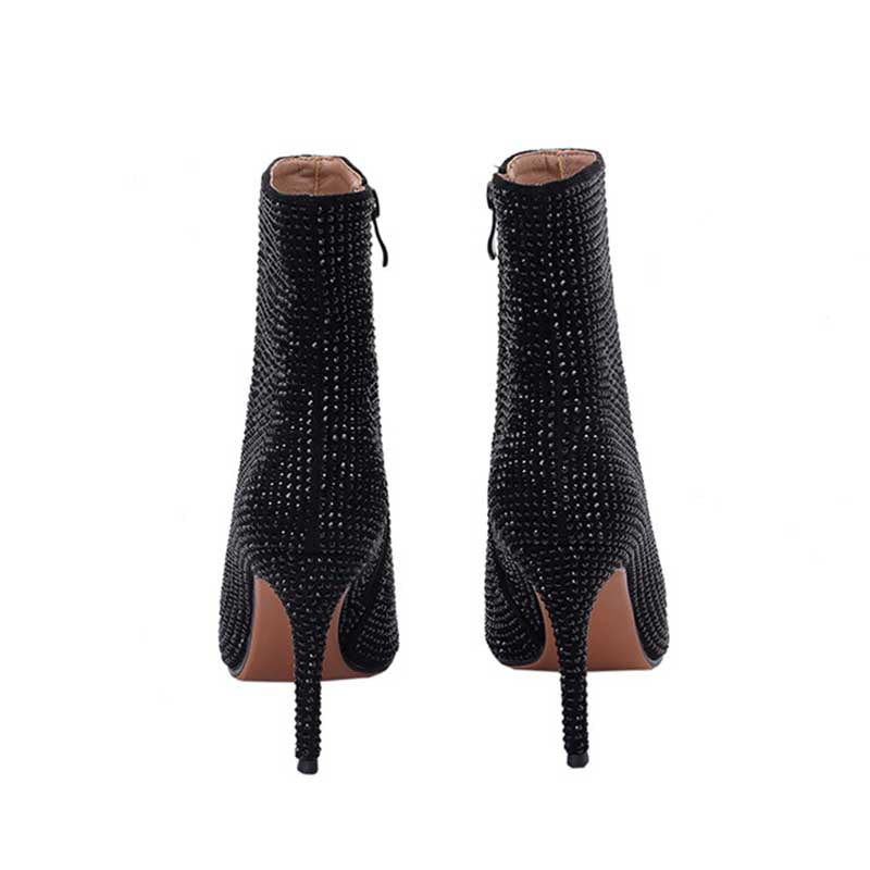 Pointed Toe Stiletto Heels Rhinestone Side Zipper Ankle Boots