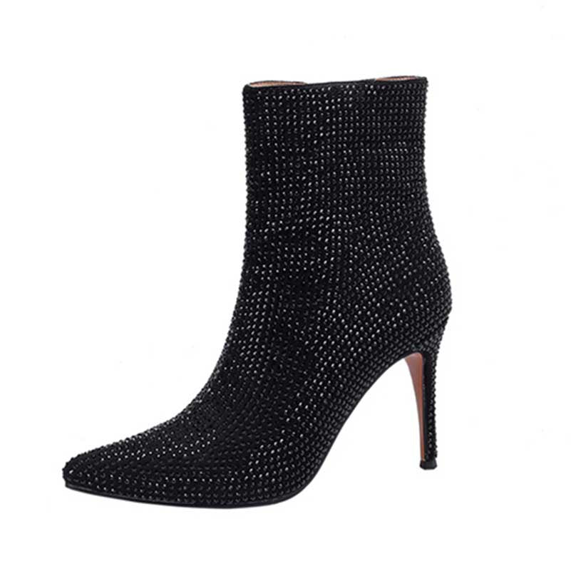 Pointed Toe Stiletto Heels Rhinestone Side Zipper Ankle Boots