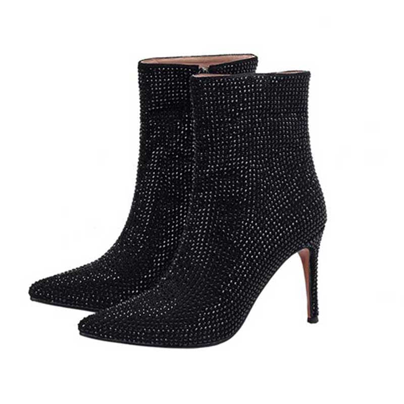 Pointed Toe Stiletto Heels Rhinestone Side Zipper Ankle Boots