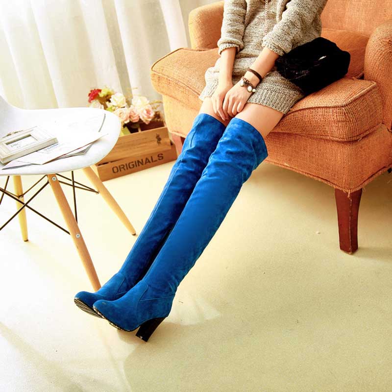 Women's Chunky Heel Suede Boots Plus Size Thigh High Boots