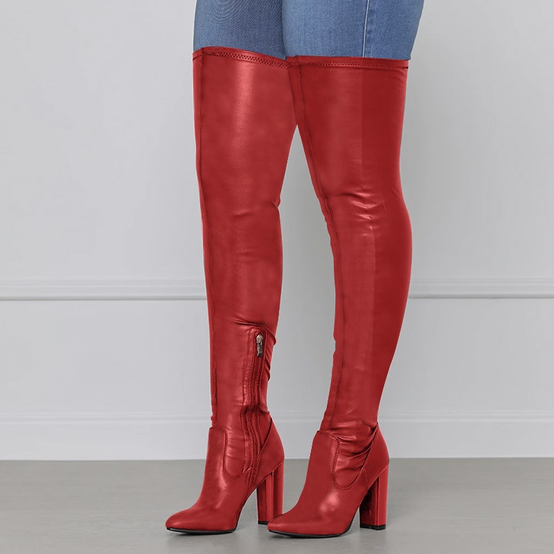 Pointy Toe Chunky Heeled Boots Thigh High Boots