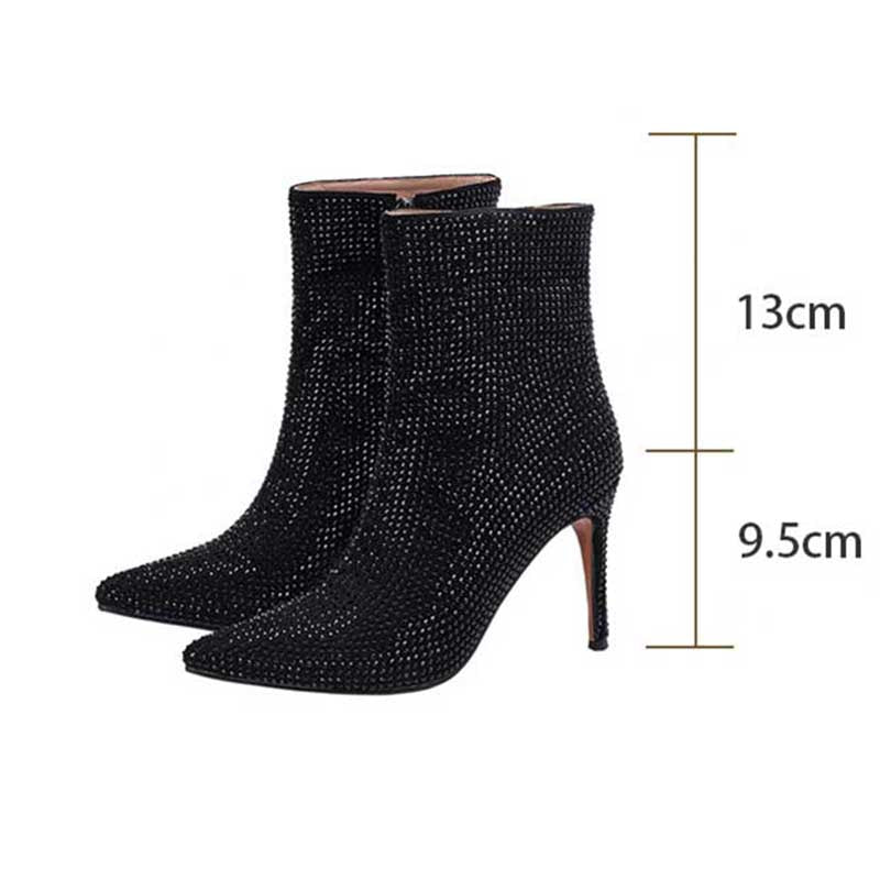 Pointed Toe Stiletto Heels Rhinestone Side Zipper Ankle Boots