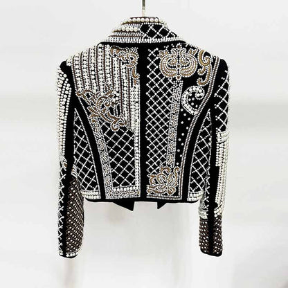 Beaded Embroidery Embellished Black Crop Blazer Oversize Velvet Coat