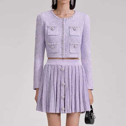 Beaded Knit Top Skirt Suit Button-Up Cardigan Jacket + Mini Skirt Set