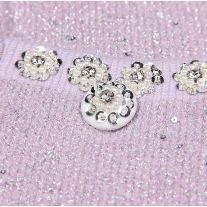 Beaded Knit Top Skirt Suit Button-Up Cardigan Jacket + Mini Skirt Set