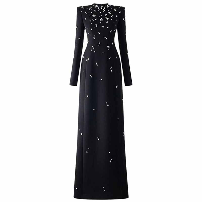 Beaded Stone Embellished Long Sleeve Dress Black Maxi Dress