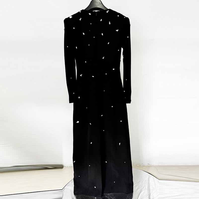 Beaded Stone Embellished Long Sleeve Dress Black Maxi Dress