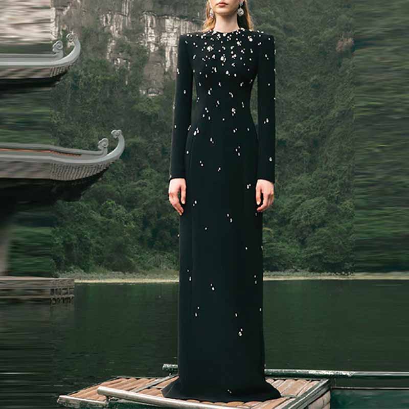 Beaded Stone Embellished Long Sleeve Dress Black Maxi Dress