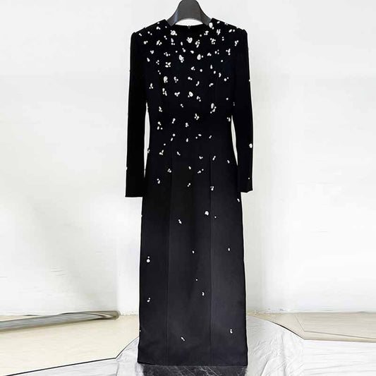 Beaded Stone Embellished Long Sleeve Dress Black Maxi Dress