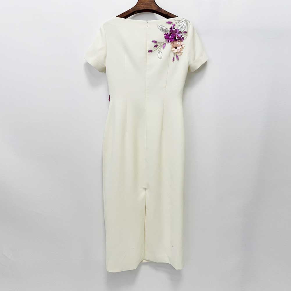 Beige Floral Print Bodycon Midi Dress – Short Sleeve Elegant Cocktail Dress for Parties, Dates & Wedding Guests