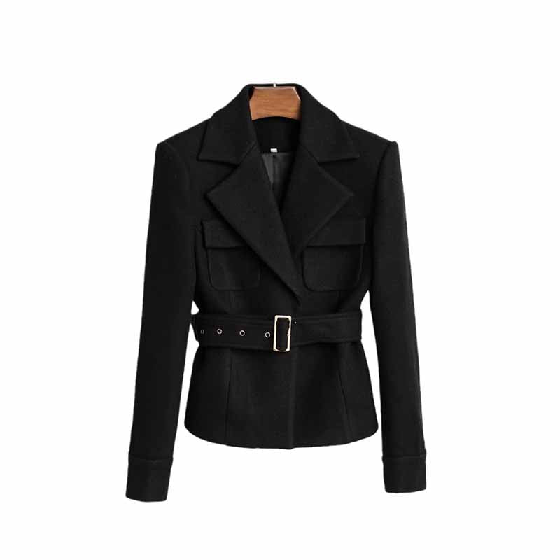 Belted Black Brushed Blazer Double Breasted Jacket Formal Chic Style Coat