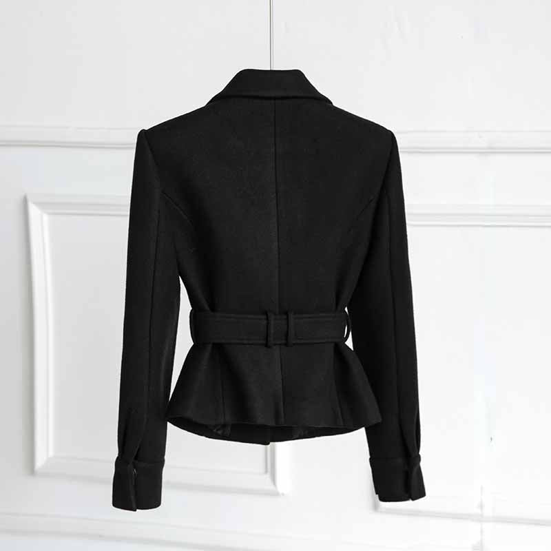 Belted Black Brushed Blazer Double Breasted Jacket Formal Chic Style Coat