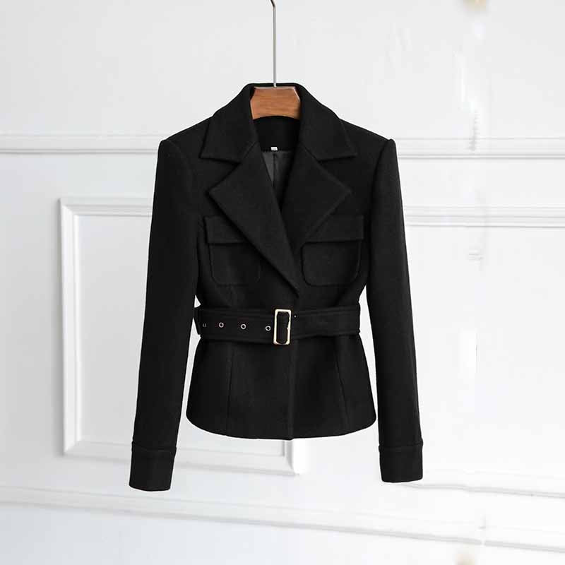 Belted Black Brushed Blazer Double Breasted Jacket Formal Chic Style Coat