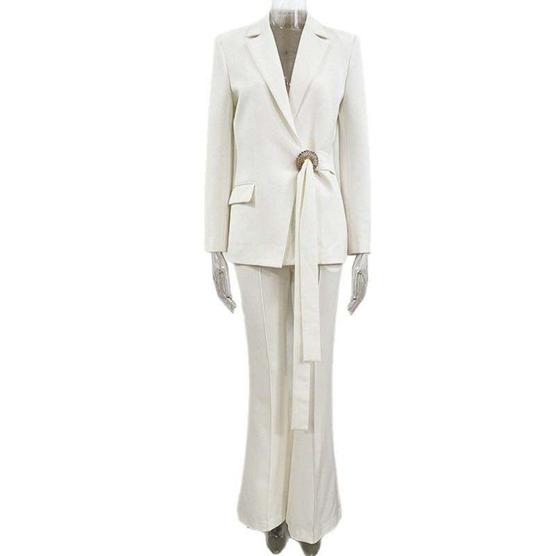 Belted White Wide Leg Pantsuit | Elegant & Chic Formal Suit