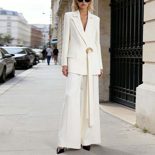 Belted White Wide Leg Pantsuit | Elegant & Chic Formal Suit