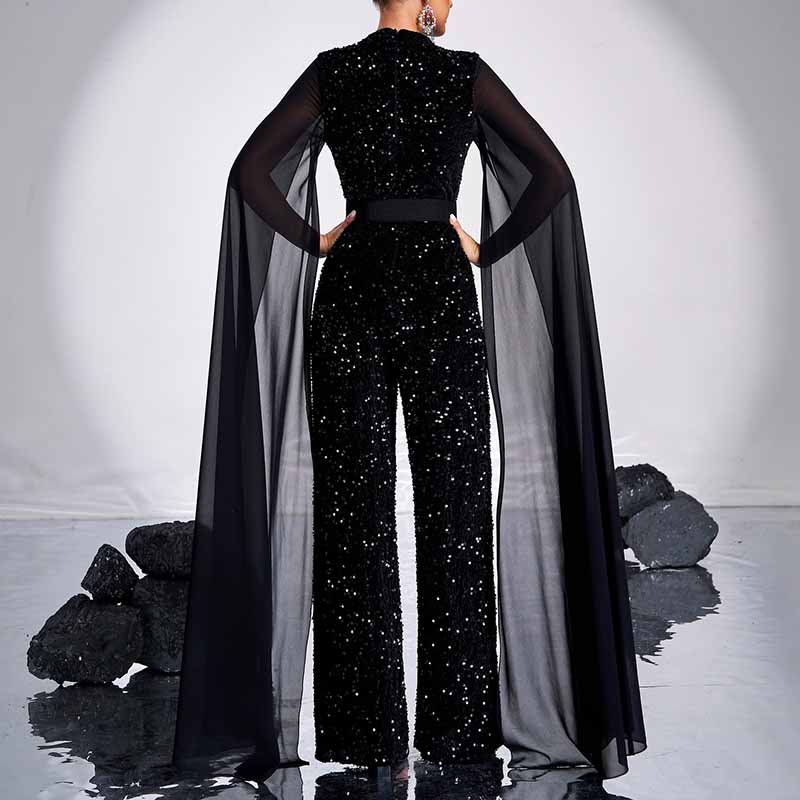 Black Beltted One Piece Suit Sequin Jumpsuit With Cape Sleeves Chic Romper