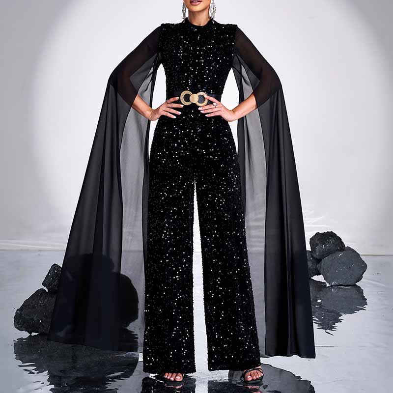 Black Beltted One Piece Suit Sequin Jumpsuit With Cape Sleeves Chic Romper