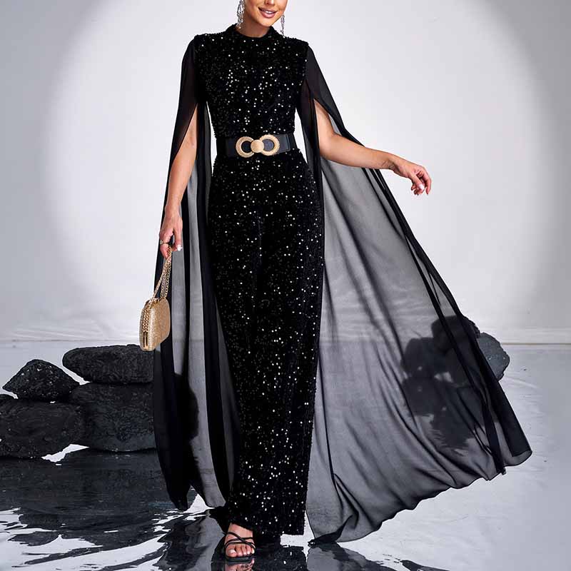 Black Beltted One Piece Suit Sequin Jumpsuit With Cape Sleeves Chic Romper