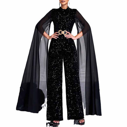 Black Beltted One Piece Suit Sequin Jumpsuit With Cape Sleeves Chic Romper