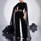 Black Beltted One Piece Suit Sequin Jumpsuit With Cape Sleeves Chic Romper